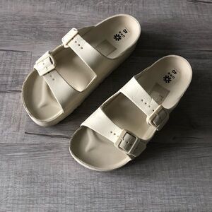 Women’s Cream Double-Buckle Slide Sandals